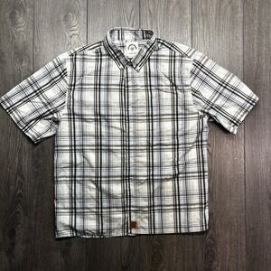 Dubinik Mens Plaid Short Sleeve Button Down Shirt Blue Brown White Large